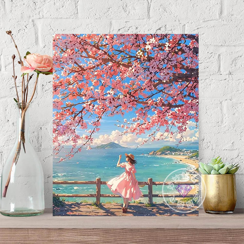 浪漫樱花树下小女孩钻石画海边风景方钻满钻大号DIY粘贴钻十字绣