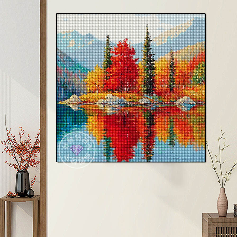 高难度秋日红枫湖风景方钻石画秋天点钻十字绣DiamondPaintingArt