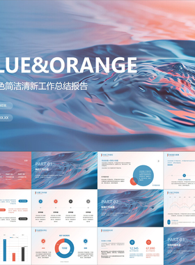【动态PPT】蓝橙色简洁清新抽象流体背景年终工作总结报告PPT模板