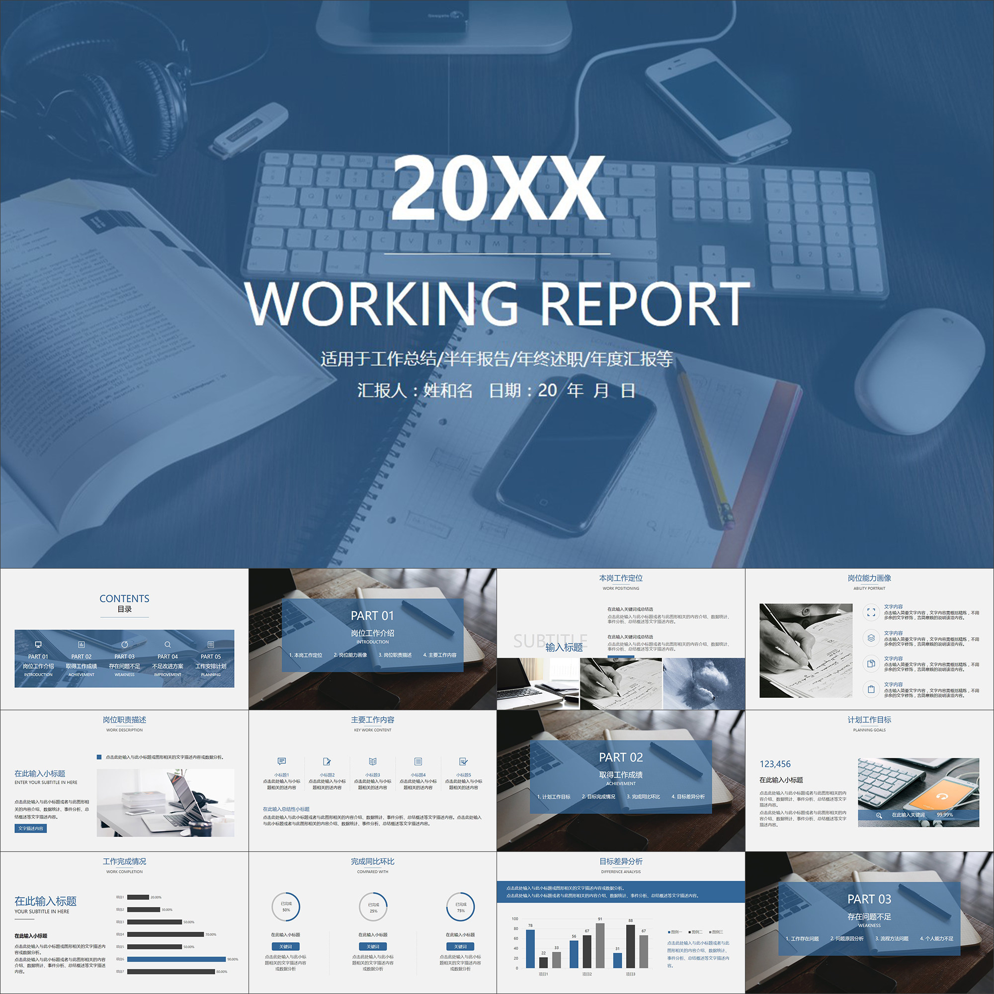 【动态ppt】深蓝色简约稳重大气工作总结报告述职汇报动画ppt模板