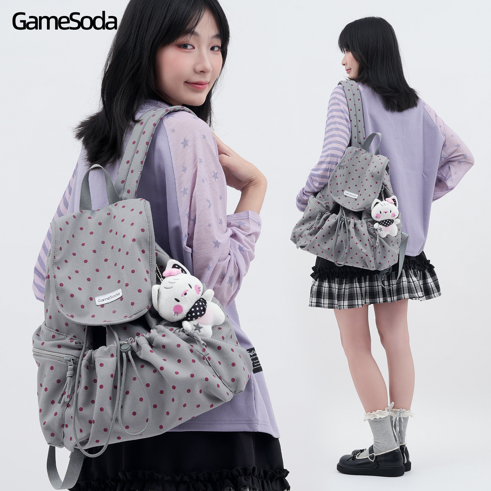GameSoda电玩汽水韩系波点抽绳双肩包女大学生书包大容量出游背包