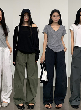 抽绳垂感休闲裤女春夏新款韩系松弛感宽松显瘦镰刀工装运动阔腿裤
