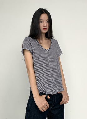 薄款V领亚麻条纹短袖T恤女2026新款设计感复古韩系松弛感防晒罩衫