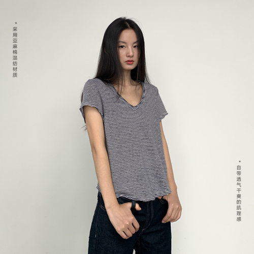 薄款V领亚麻条纹短袖防晒T恤女
