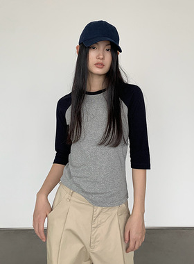 美式撞色插肩七分袖T恤女新款辣妹修身显瘦内搭打底衫中袖上衣