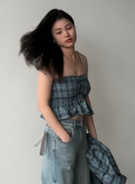 蓝色格子衬衫性感抹胸两件套2024春夏新款韩版格子衬衫外套辣妹