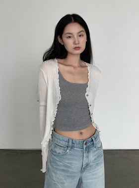天丝羊毛木耳边针织开衫女夏季肌理感修身显瘦短款V领轻薄上衣