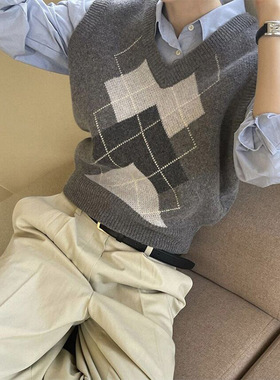 EAL韩国复古菱格针织马甲女春新款学院风背心毛衣外搭ins叠穿上衣