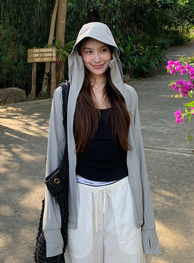 凉感情侣原纱防晒衣女夏季UPF50+冰丝防紫外线黑胶帽檐宽松防晒服