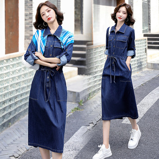 2021秋季 两穿丝巾长袖 新款 修身 中长裙子 韩版 复古牛仔连衣裙女装