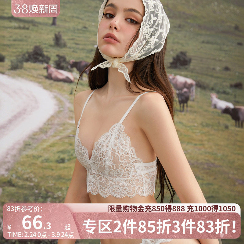 好奇小姐蕾丝法式内衣女性感美背文胸套装薄款无钢圈大胸显小胸罩