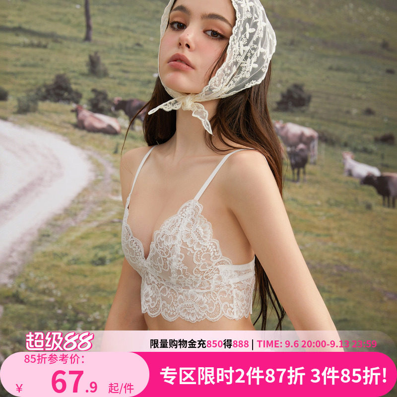 好奇小姐蕾丝法式内衣女性感美背文胸套装薄款无钢圈大胸显小胸罩