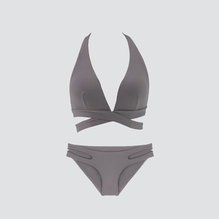 女 泳衣套装 好奇小姐比基尼套装 性感镂空复古绑带温泉挂脖分体式