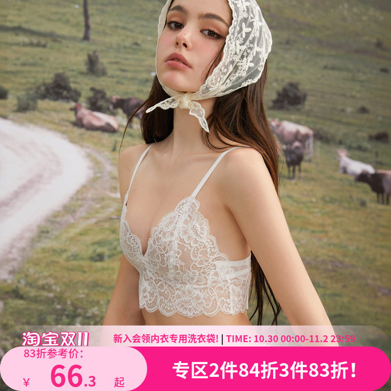 好奇小姐蕾丝法式内衣女性感美背文胸套装薄款无钢圈大胸显小胸罩