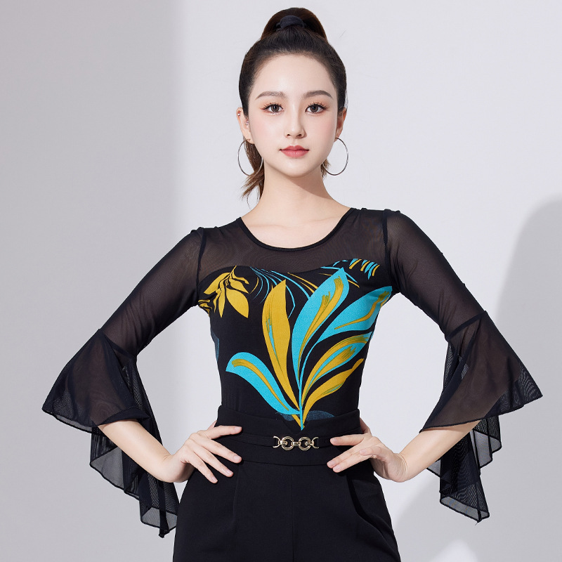 拉丁舞上衣女春夏新款中袖国标摩登舞连体练功服交谊舞广场舞蹈服
