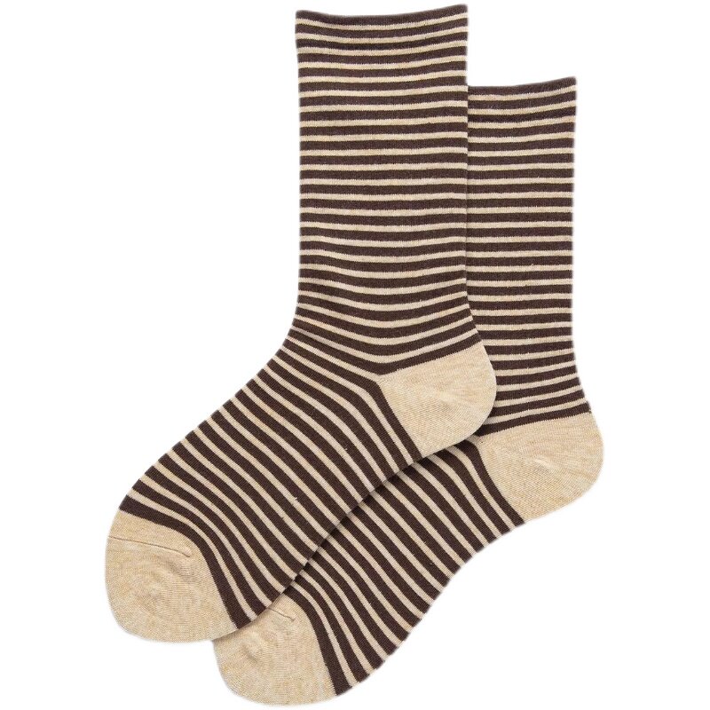 Autumn and winter milk tea-colored striped mid-calf socks, Korean style ins simple and plain basic cotton school style pile socks thumbnail 5