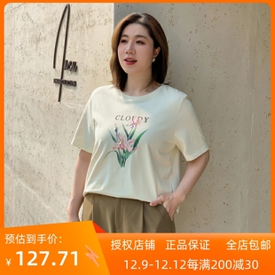 胖mm休闲简约上衣正肩显瘦印花圆领T恤 女装 大码 纤莉秀2023夏新款