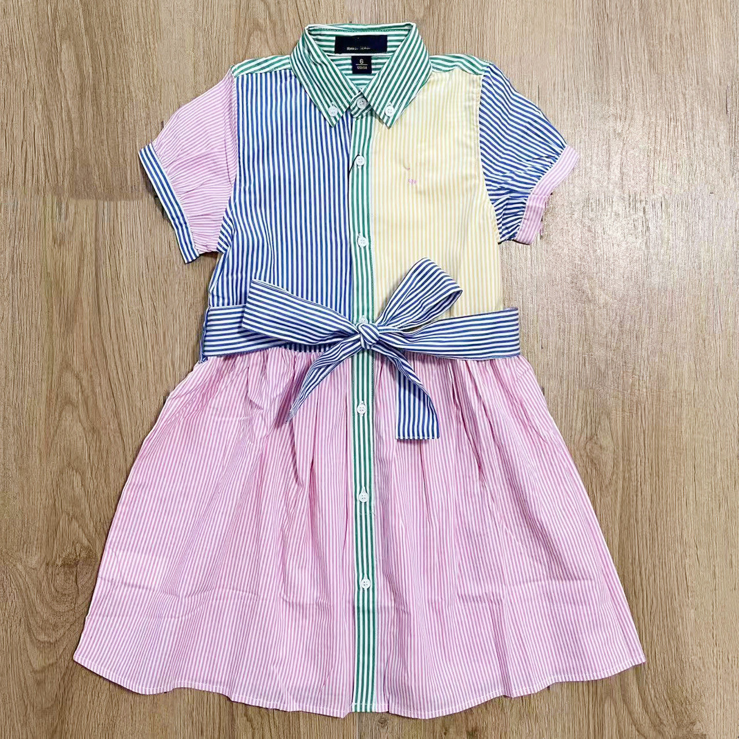 夏季新款女童洋气时尚拼色条纹翻领短袖POLO连衣裙纯棉裙子学院风