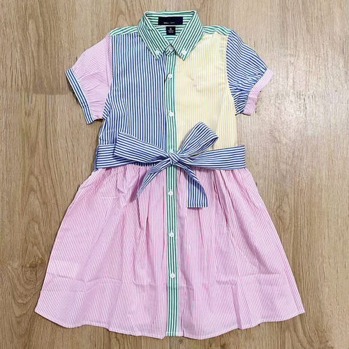 夏季新款女童洋气时尚拼色条纹翻领短袖POLO连衣裙纯棉裙子学院风