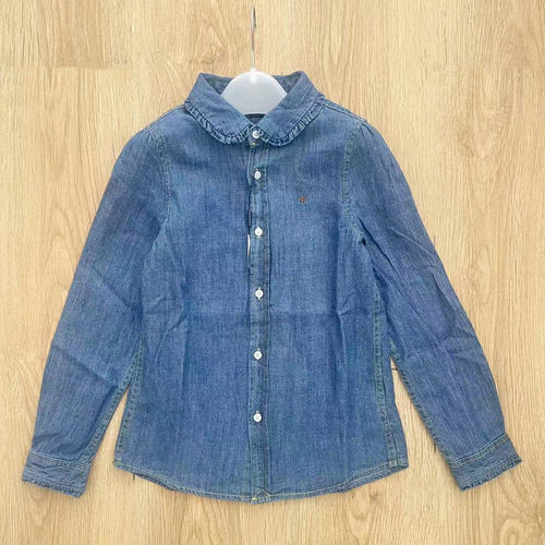 春秋新款女童洋气复古水洗柔软纯棉花边翻领牛仔衬衫中大童潮上衣