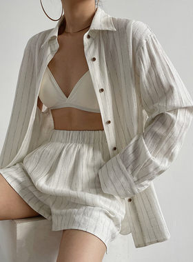 AcupStudio江右上 欧美竖状条纹单排扣宽松衬衫+松紧腰短裤套装