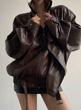 AcupStudio江右上 美式复古双层领大牌皮衣女秋季高级感宽松外套