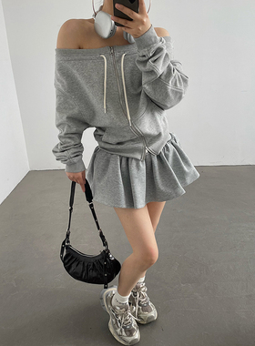 AcupStudio江右上 美式复古一字肩抽绳卫衣女春季设计感休闲外套