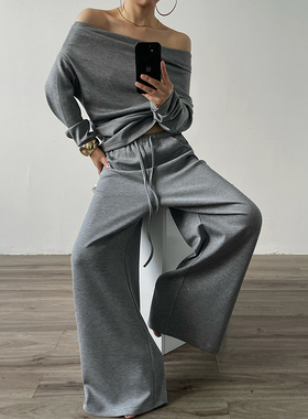 AcupStudio江右上 时尚斜肩不规则空气层卫衣+抽绳宽松休闲裤套装