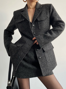 Acupstudio江右上 高智感收腰毛呢外套套装女新款秋冬半裙两件套