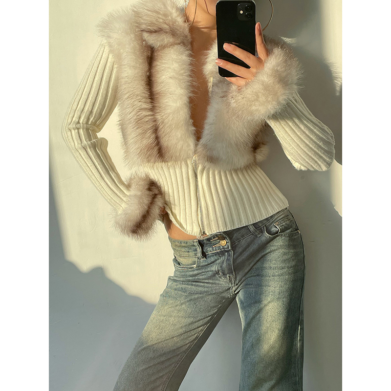 毛毛拼接拉链针织打底开衫上衣