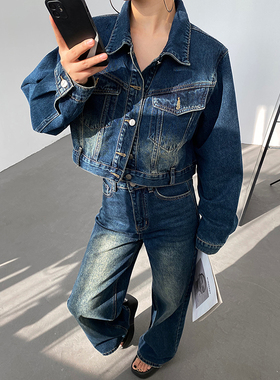 AcupStudio江右上 美式复古休闲套装女春季牛仔上衣裤子两件套