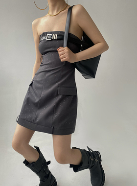 AcupStudio江右上 美式复古感细闪收腰抹胸裙无袖露背工装连衣裙