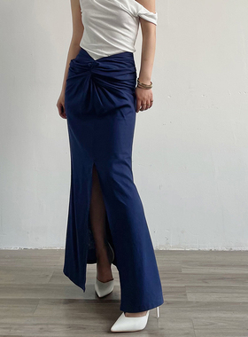 AcupStudio江右上 欧美藏蓝扭结设计感纯色包臀长裙修身开叉半裙