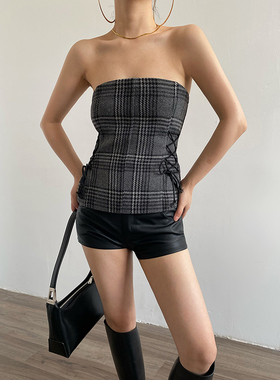 Acupstudio江右上 抽绳收腰格纹抹胸女新款显瘦性感内搭复古上衣