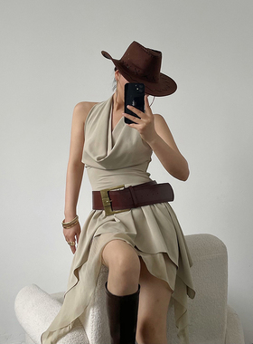 AcupStudio江右上 荡领高级感不规则挂脖连衣裙无袖修身纱裙