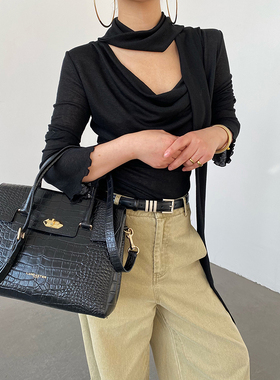 AcupStudio江右上 黑色细闪飘带荡领长袖T恤女春季修身显瘦上衣