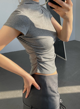 AcupStudio江右上 纯色小高领飞袖T恤女夏季显瘦休闲百搭短款上衣