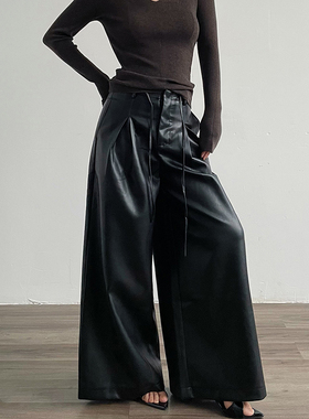 AcupStudio江右上 黑色PU皮休闲阔腿皮裤抽绳高腰宽松直筒长裤