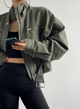 AcupStudio江右上 美式复古水洗牛仔夹克军绿工装短款机车外套