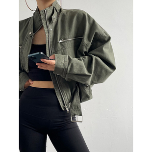 AcupStudio江右上 美式复古水洗牛仔夹克军绿工装短款机车外套