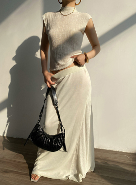 Acupstudio江右上 微透树纹半高领修身背心套装女长款半身裙