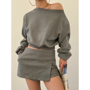 开叉包臀半裙两件套 复古一字肩卫衣女春季 AcupStudio江右上 美式