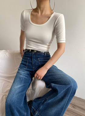 AcupStudio江右上 基础纯色中袖u领T恤女夏季辣妹修身显瘦上衣