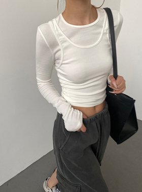 AcupStudio江右上两件套叠穿美式长袖打底女设计感辣妹风修身上衣