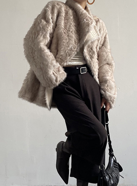 Acupstudio江右上 双排扣翻领毛毛外套女新款冬季短款仿皮草大衣