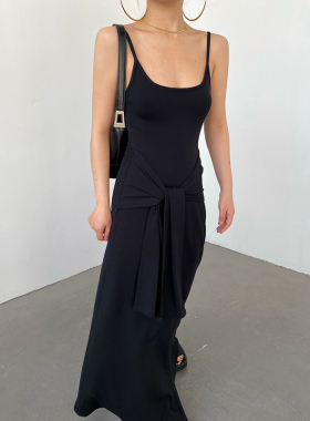 AcupStudio江右上 黑色假两件绑带吊带连衣裙女夏季显瘦长款裙子