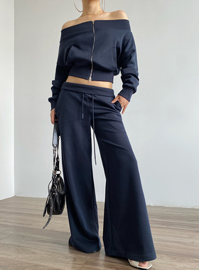 AcupStudio江右上 欧美一字肩露肩拉链卫衣松紧腰休闲阔腿裤套装
