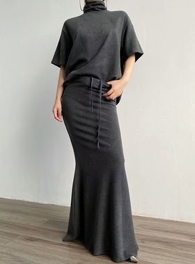 AcupStudio江右上 高领短袖内搭T恤女套装秋冬长款鱼尾半裙两件套