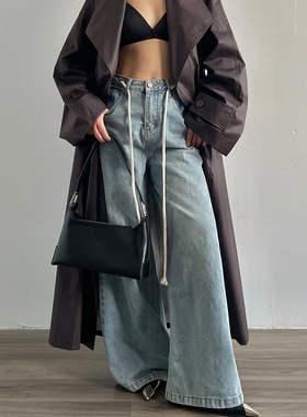 AcupStudio江右上 浅蓝系带阔腿牛仔裤女秋季复古高腰显瘦裤子