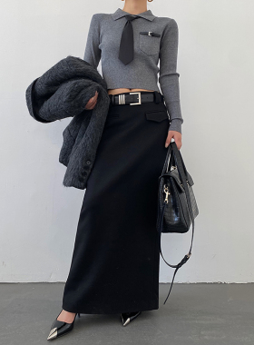 AcupStudio江右上 美式开叉直筒毛呢半身裙女设计感显瘦长款裙子